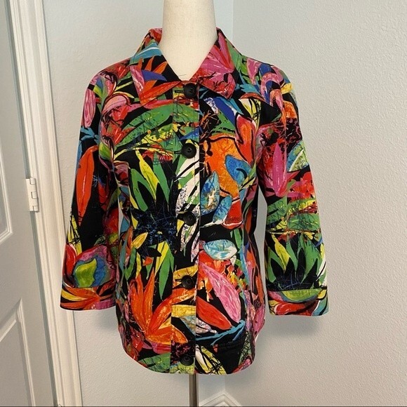 CHICO'S Floral Geometric Tropical Moto Career Casual Jacket Button Front SZ M - Picture 1 of 11
